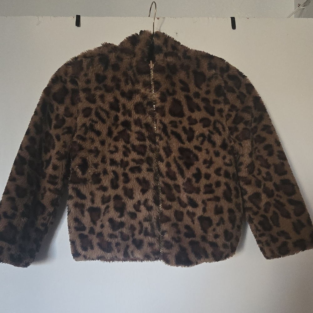 Kids Leopard Print Faux Fur Jacket - Brown - Picture 4 of 7